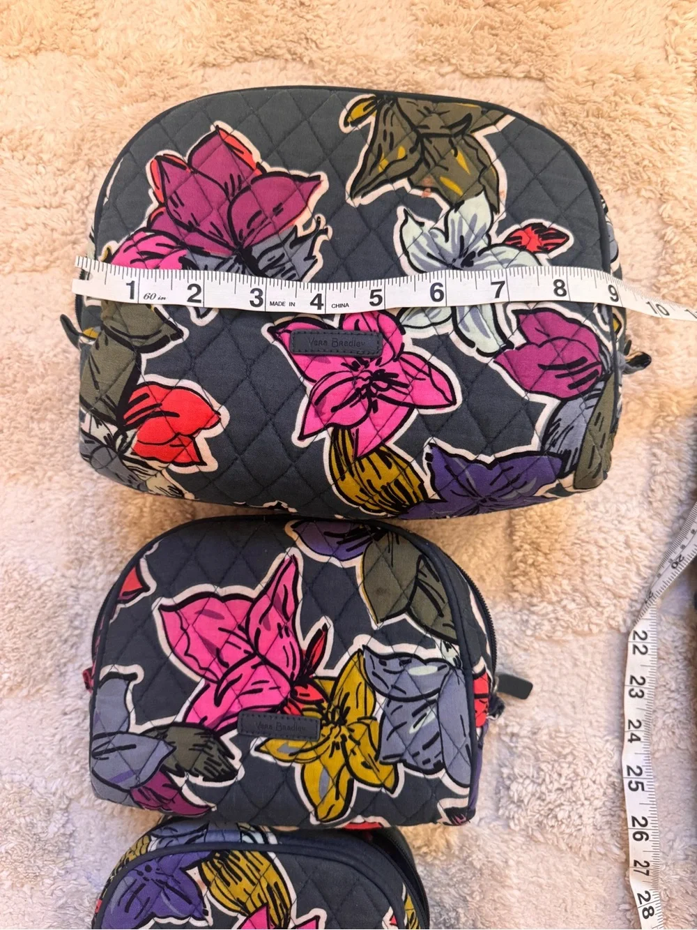 Vera Bradley Falling Flowers Cosmetic Bag Set (3) + Hair Straightener Pouch